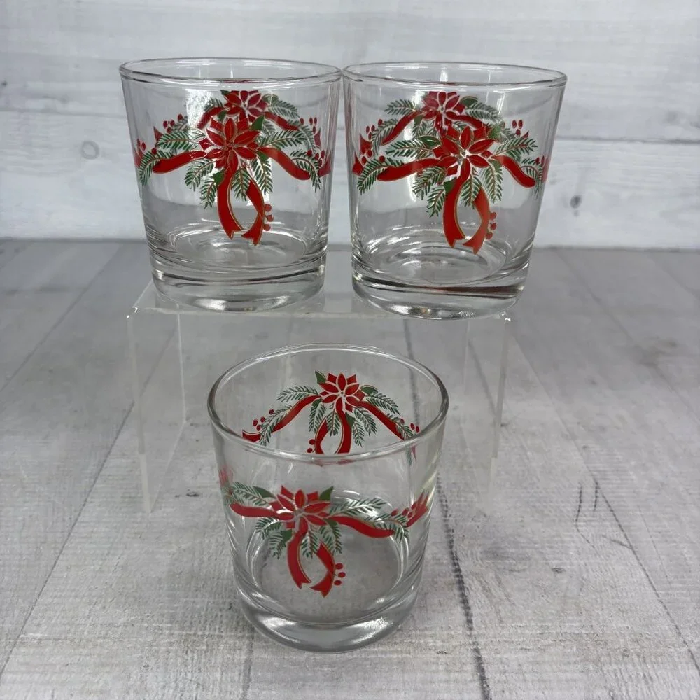 Anchor Hocking POINSETTIA & RIBBONS 89524 Rocks 9oz Whiskey Glasses Set 3 NEW